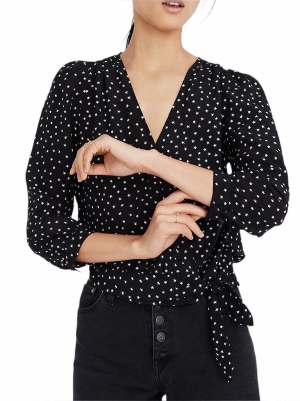 Madewell Black Star Print Wrap Blouse